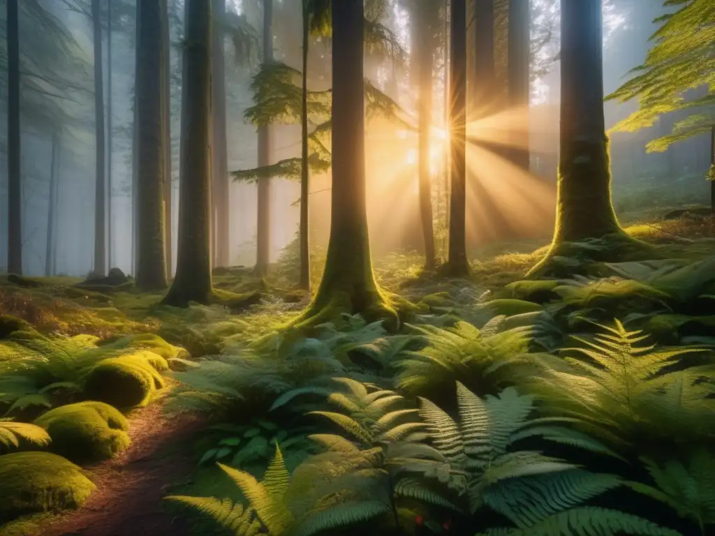 Impulso senderistas reforestación conservación: Bosque dorado con árboles altos, sendero misterioso, naturaleza vibrante