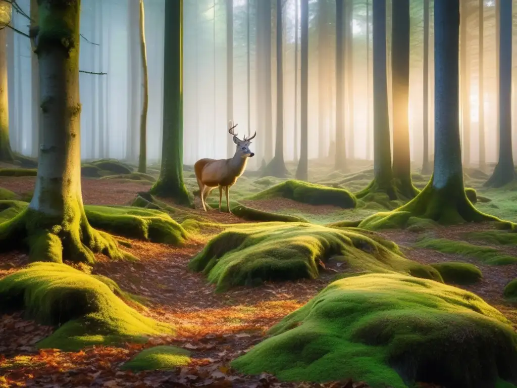 Fauna protegida en campismo: Bosque mágico con ciervos, musgo verde, un majestuoso búho y la luz dorada del atardecer