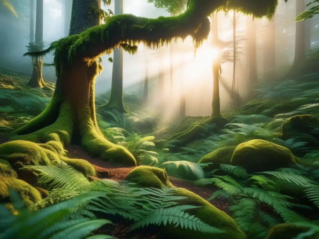 Bosque denso al atardecer, con árboles altos y ramas frondosas, tapiz de musgos y helechos, luz dorada, niebla misteriosa