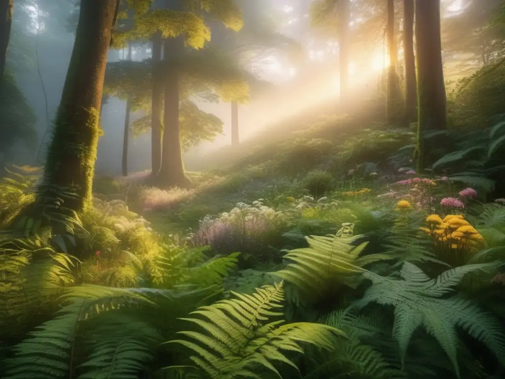 Un encantador claro de bosque al atardecer, con flora vibrante y sendero tentador