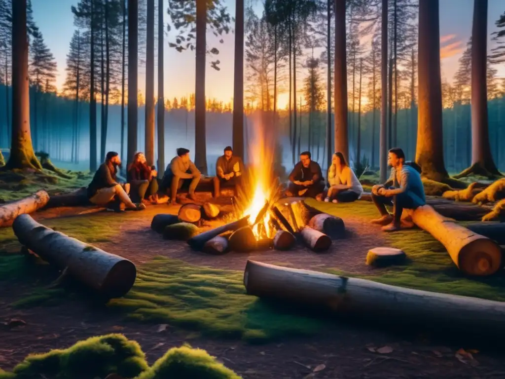 Majestuoso bosque al atardecer con árboles altos y delgados formando un denso dosel