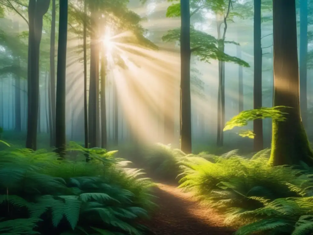 Un bosque denso y encantador bañado por la suave luz dorada del amanecer