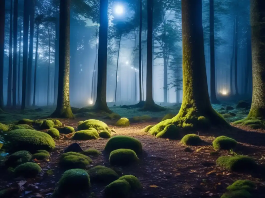 Ceremonia de luna llena en un bosque misterioso con árboles altos, sombras y participantes en una ceremonia sagrada