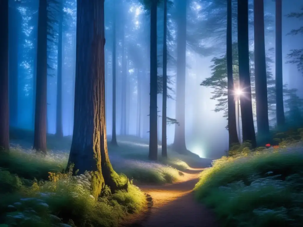 Un bosque encantador iluminado por la luna, con un sendero de flores salvajes y un árbol antiguo que guarda secretos de sabiduría y curación