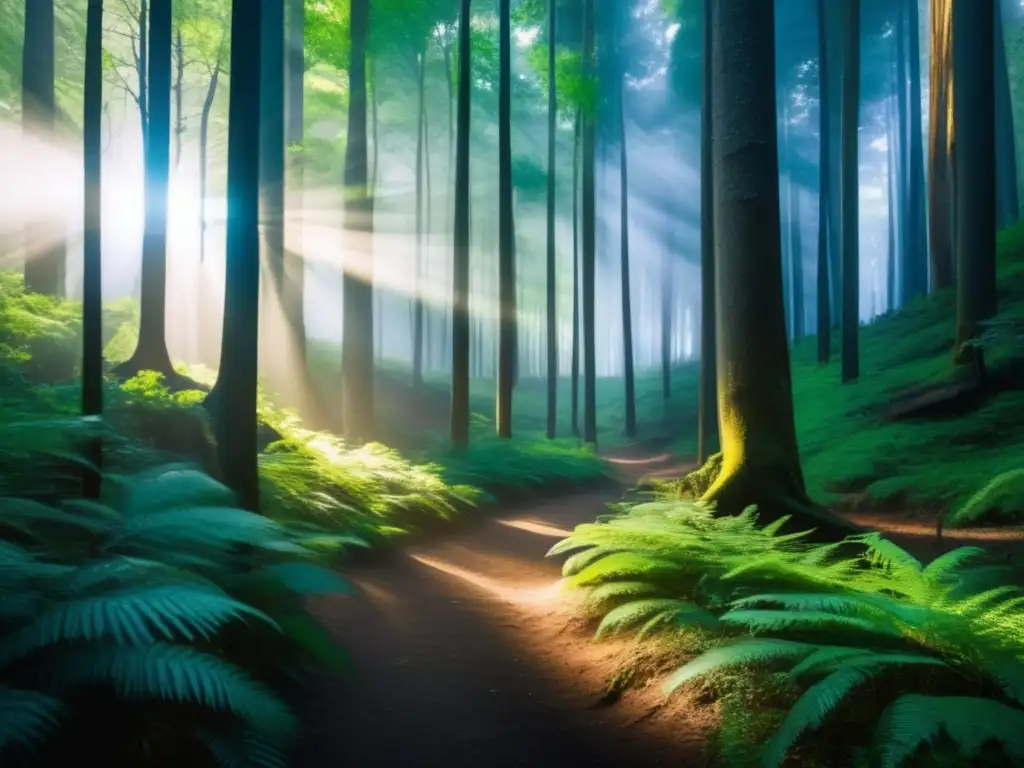 Escena impactante de un bosque místico con cascada majestuosa y sendero rodeado de árboles altos