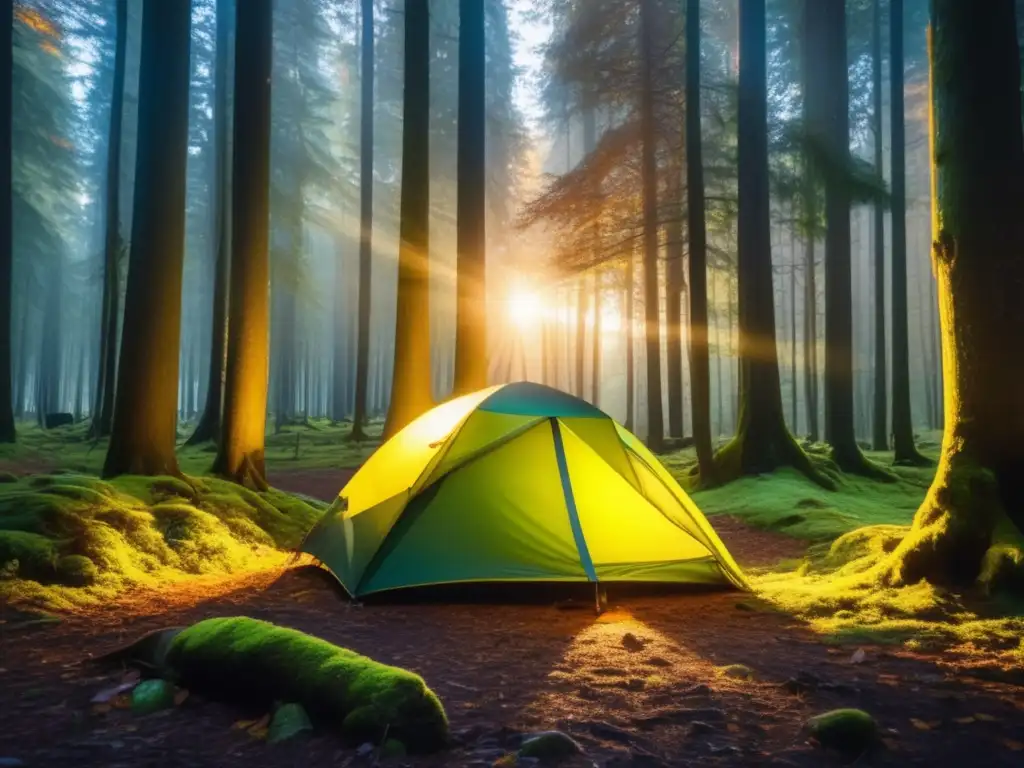 Bosque encantador al atardecer con tienda de campaña rodeada de árboles y adornos mágicos