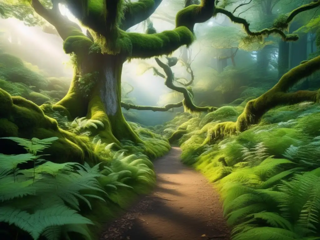 Campismo ecológico en la naturaleza: un bosque exuberante y detallado en 8k, bañado por una luz etérea y caminos de flores que invitan a la aventura