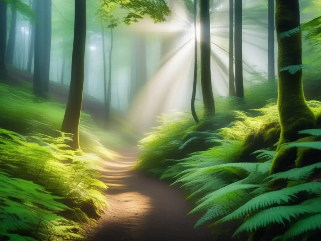 Senderismo ético en un hermoso sendero rodeado de árboles altos y bañado en luz mística