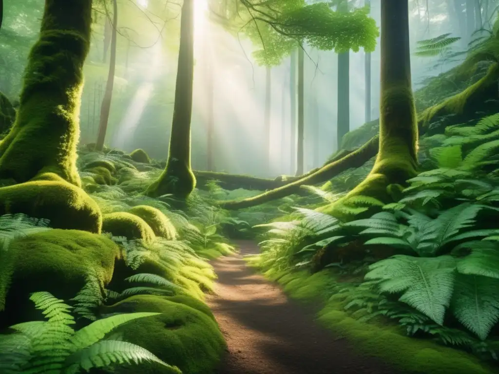 Bosque encantador con árboles altos, musgo vibrante y un círculo de piedras rodeado de flores silvestres