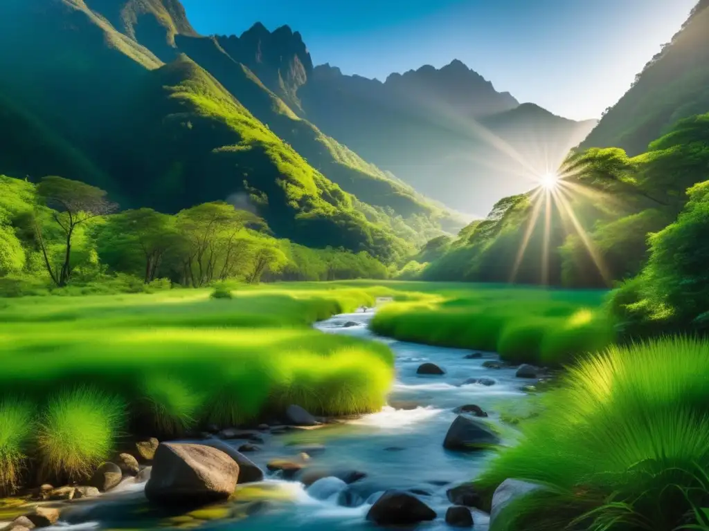 Impresionante bosque verde entre montañas con arroyo y educación ambiental