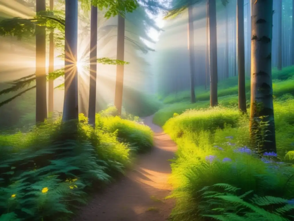 Vista cautivadora de un bosque exuberante al amanecer, con rayos dorados filtrándose entre árboles altos