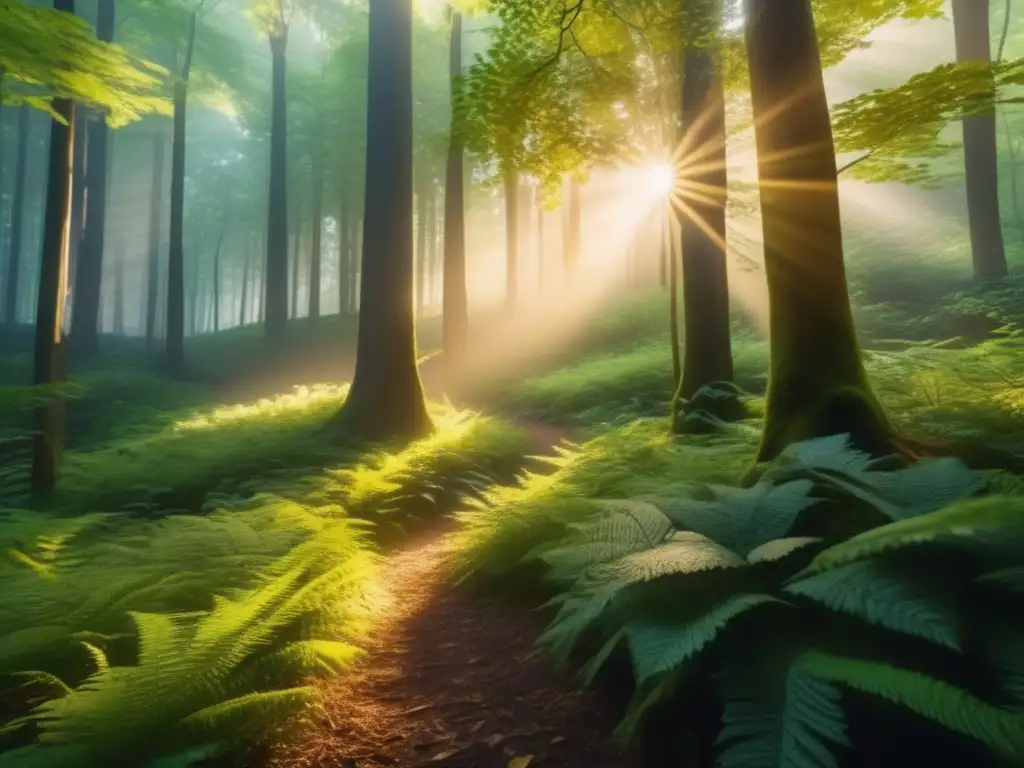 Beneficios senderismo salud mental: Bosque encantador en luz dorada, árboles altos, sendero invitador, naturaleza serena