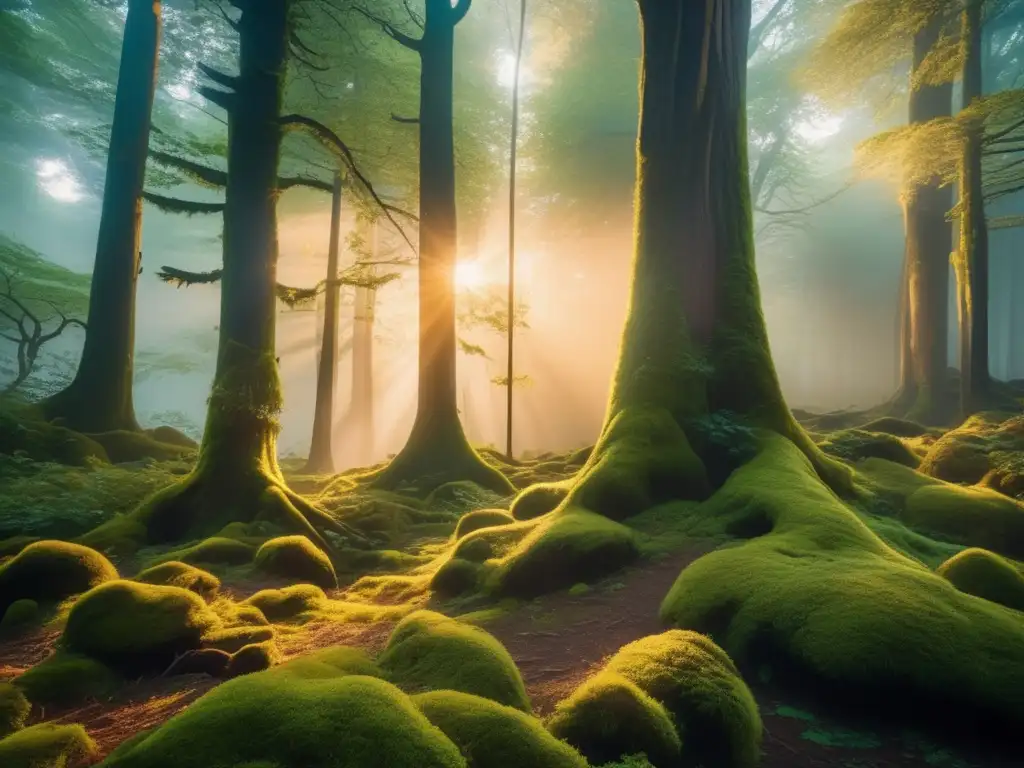 Importancia de la conservación en áreas de acampada: Bosque místico iluminado, árboles majestuosos, sendero oculto