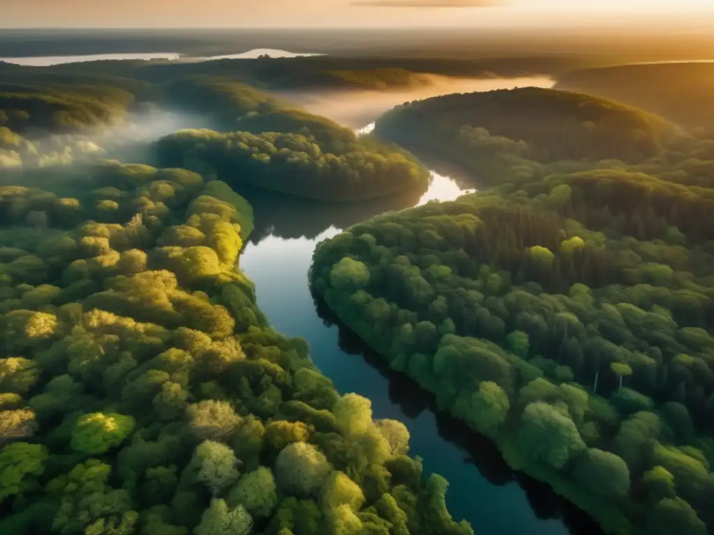 Senderismo en la naturaleza: Vista aérea de un denso bosque al atardecer, con río y colores vibrantes