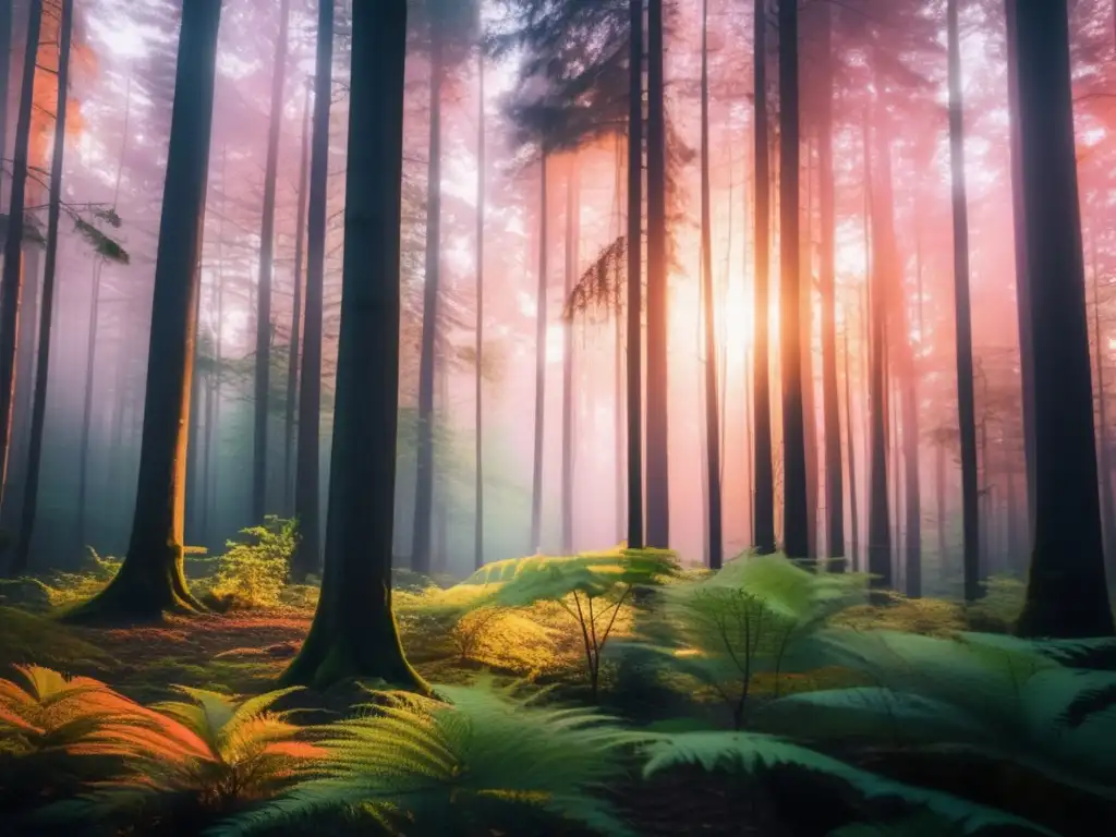 Increíble bosque al atardecer con cielo naranja y rosa, vegetación exuberante y luz dorada