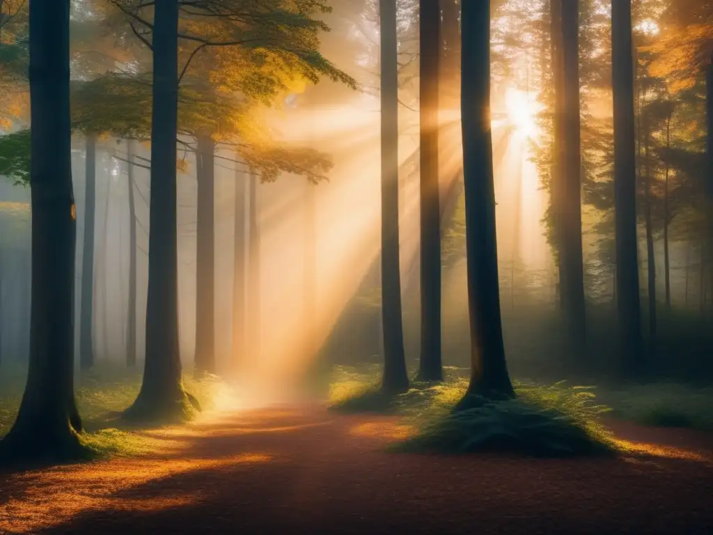 Bosque encantador al atardecer, con árboles altos bañados en luz dorada y sombras