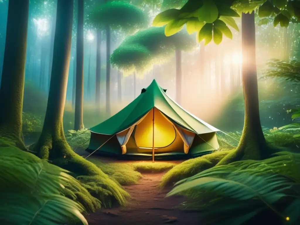 Beneficios de acampar para sistema inmunológico: Bosque místico al atardecer, con luz filtrada y follaje vibrante