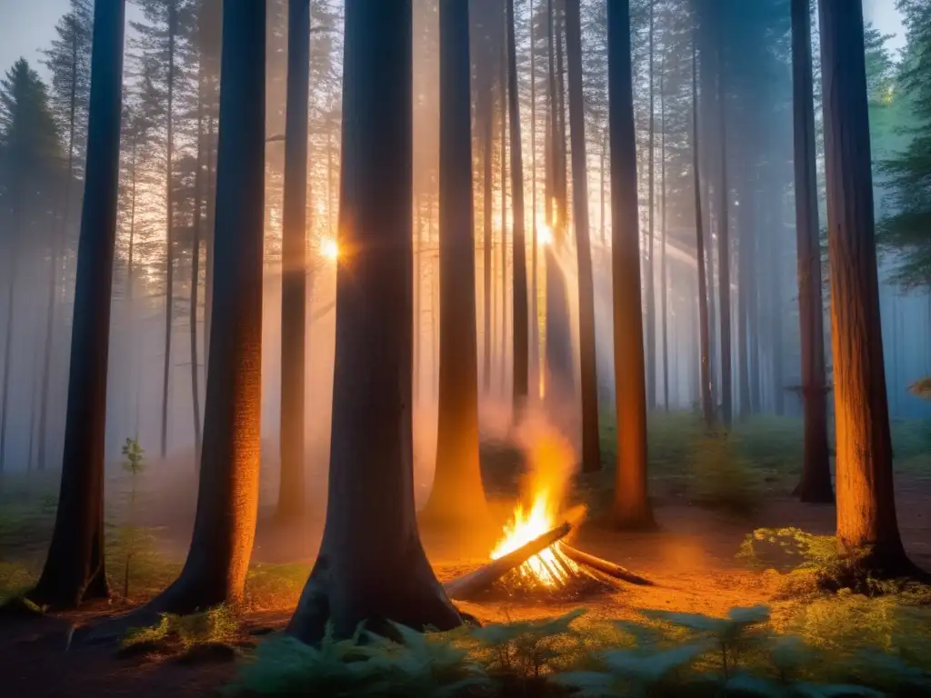 Rituales de fuego en la naturaleza: Bosque misterioso y encantador con fogata iluminando la flora