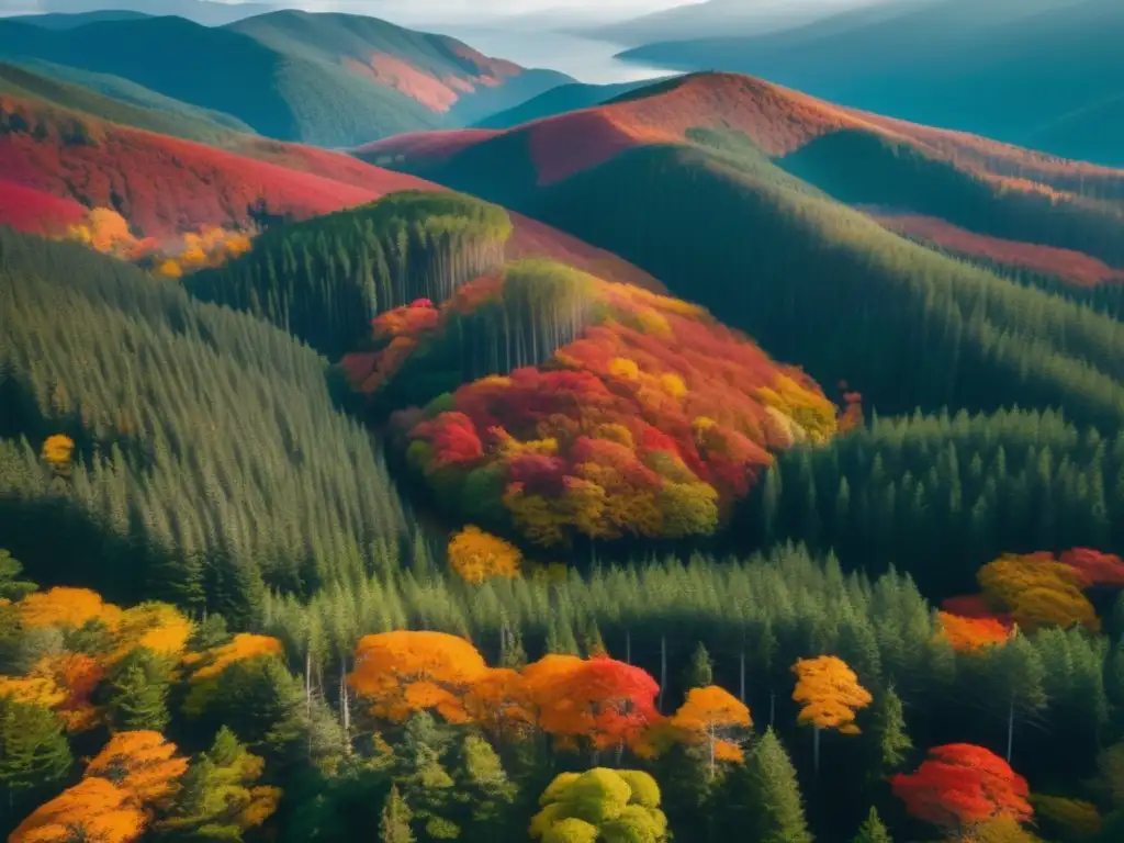 Senderismo en lugares sagrados Ainu Japón: Bosque otoñal majestuoso con arroyo y torii Ainu