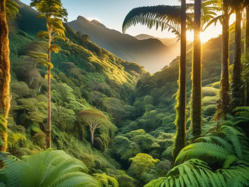 Técnicas de supervivencia maoríes en un exuberante bosque neozelandés al atardecer