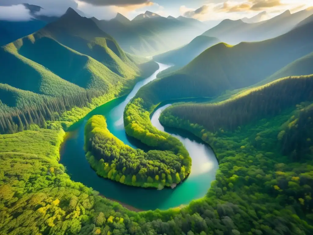 Importancia conservación áreas acampada: vista aérea bosque verde con río, árboles coloridos, montañas neblinosas