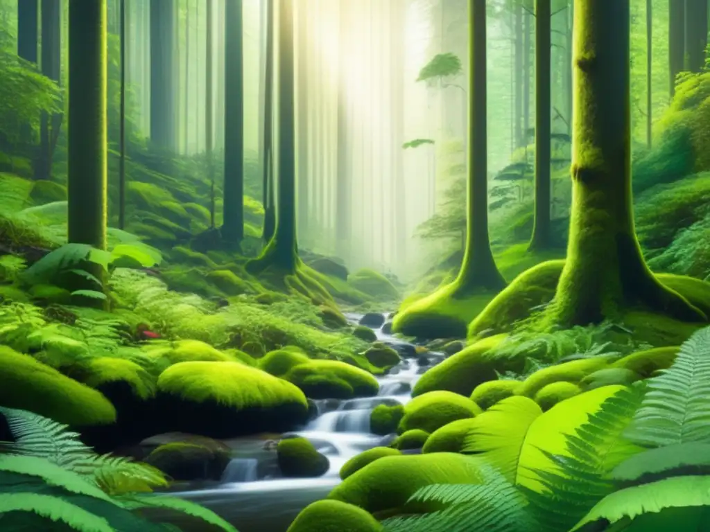 Forest scene with tall trees, vibrant foliage, moss-covered ground, meandering river, and hikers observing nature