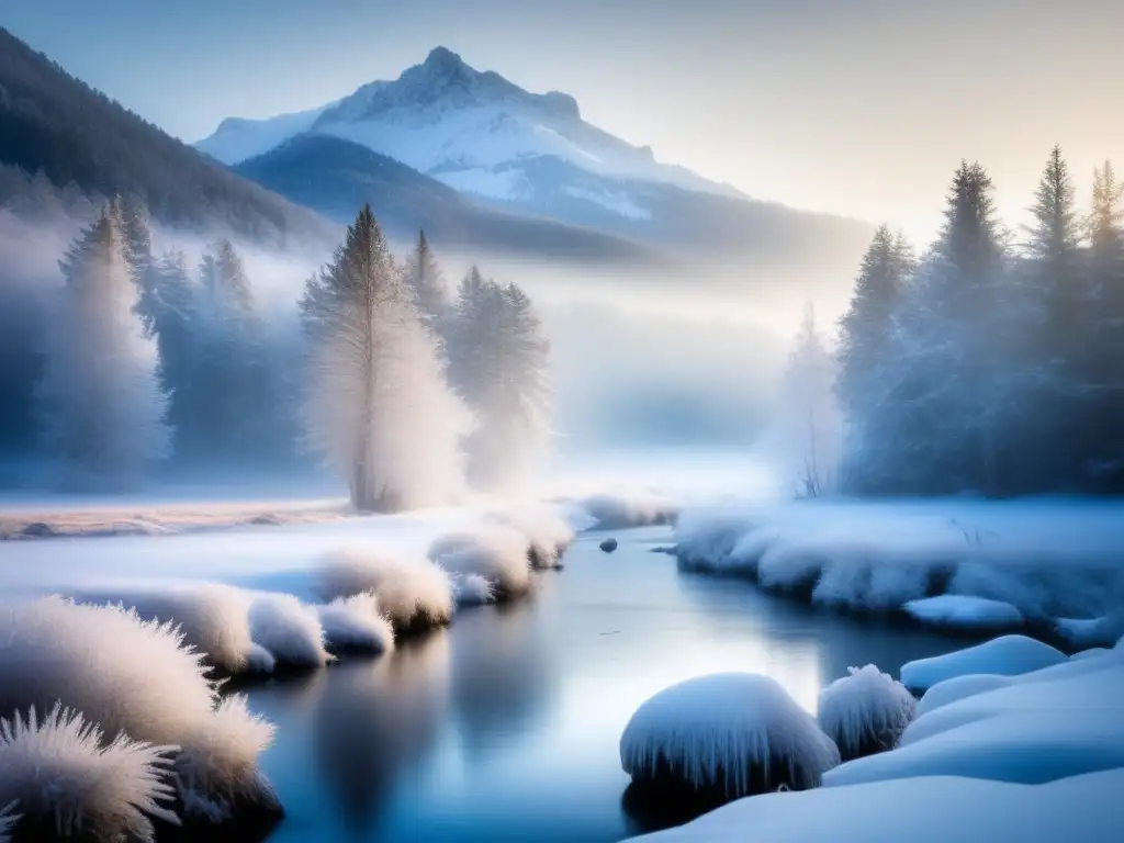 Paisaje invernal sereno con bosque denso y montañas nevadas