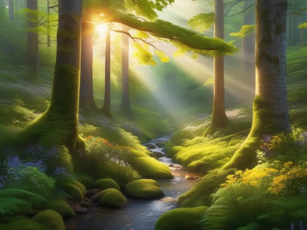 Escena tranquila de un bosque iluminado por el sol, con árboles altos, follaje verde vibrante, flores salvajes y vida silvestre