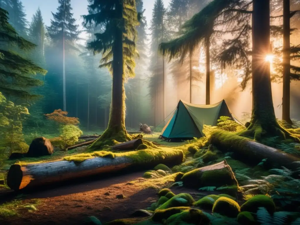 Beneficios ecológicos de árboles en acampadas: bosque exuberante al atardecer con árboles majestuosos, luz filtrándose y campamento acogedor