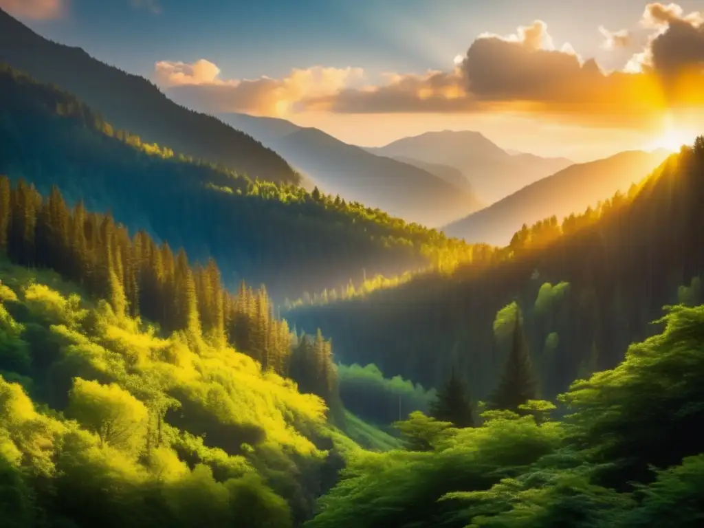 Campismo espiritual en la naturaleza: Un bosque exuberante con montañas majestuosas y un río tranquilo bajo un cálido atardecer dorado