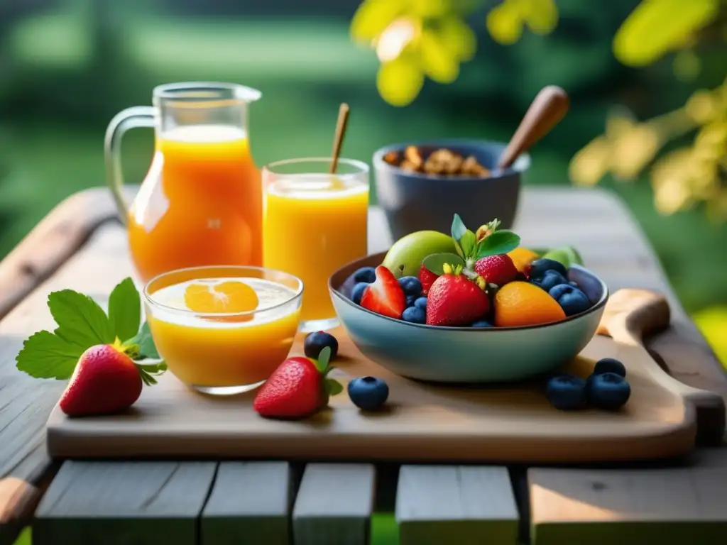 Desayuno saludable en la naturaleza: mesa de madera rústica con frutas frescas, granola casera y más