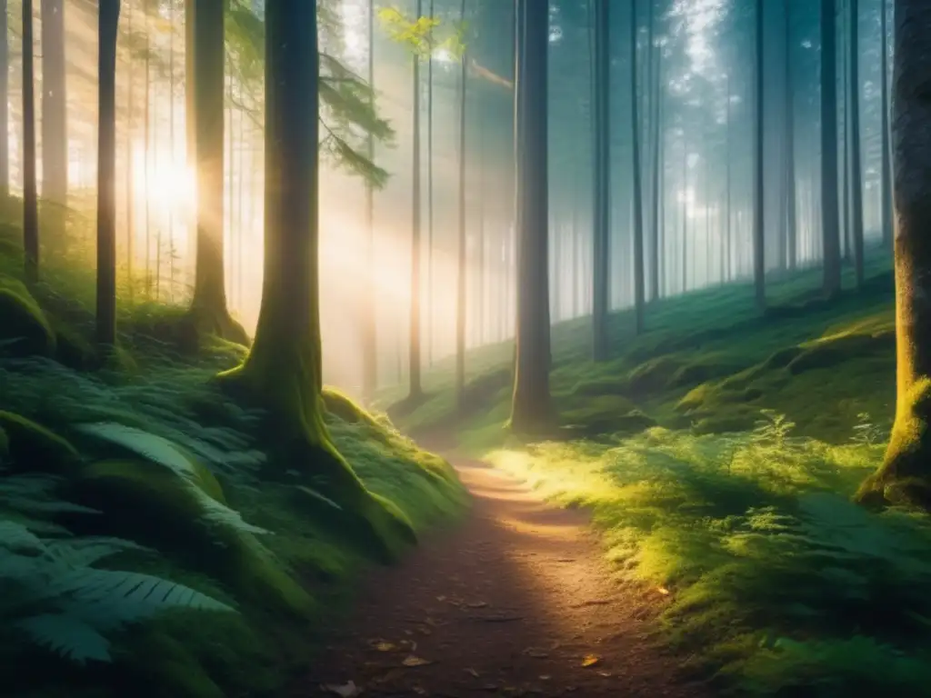 Bosque denso al amanecer con rayos de sol dorados filtrándose entre los árboles altos