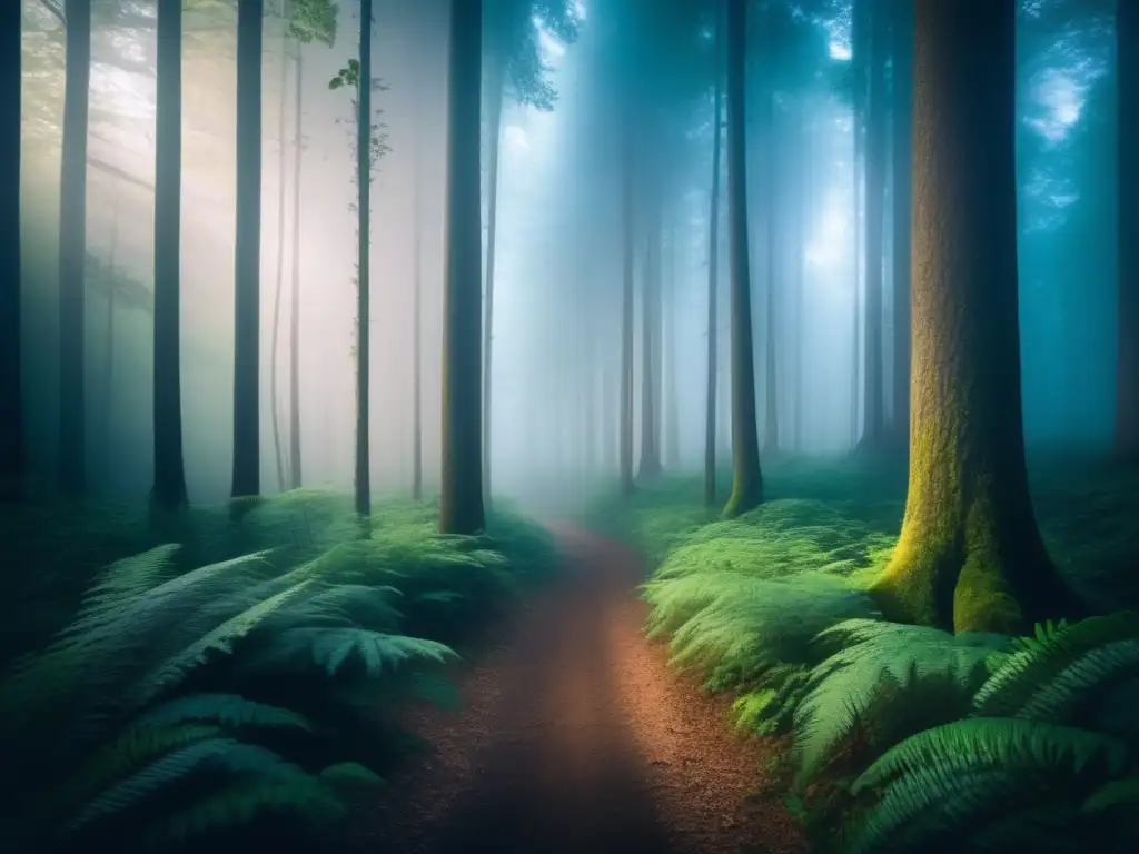 Bosque misterioso al atardecer con árboles majestuosos