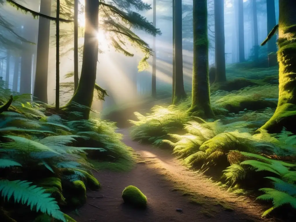 Bosque misterioso al atardecer, sendero de aventura