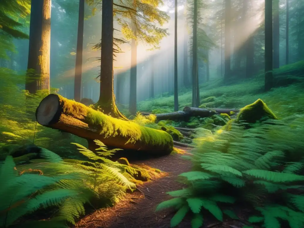 Un bosque denso al atardecer, con rayos de sol dorados filtrándose entre los árboles altos y vegetación exuberante