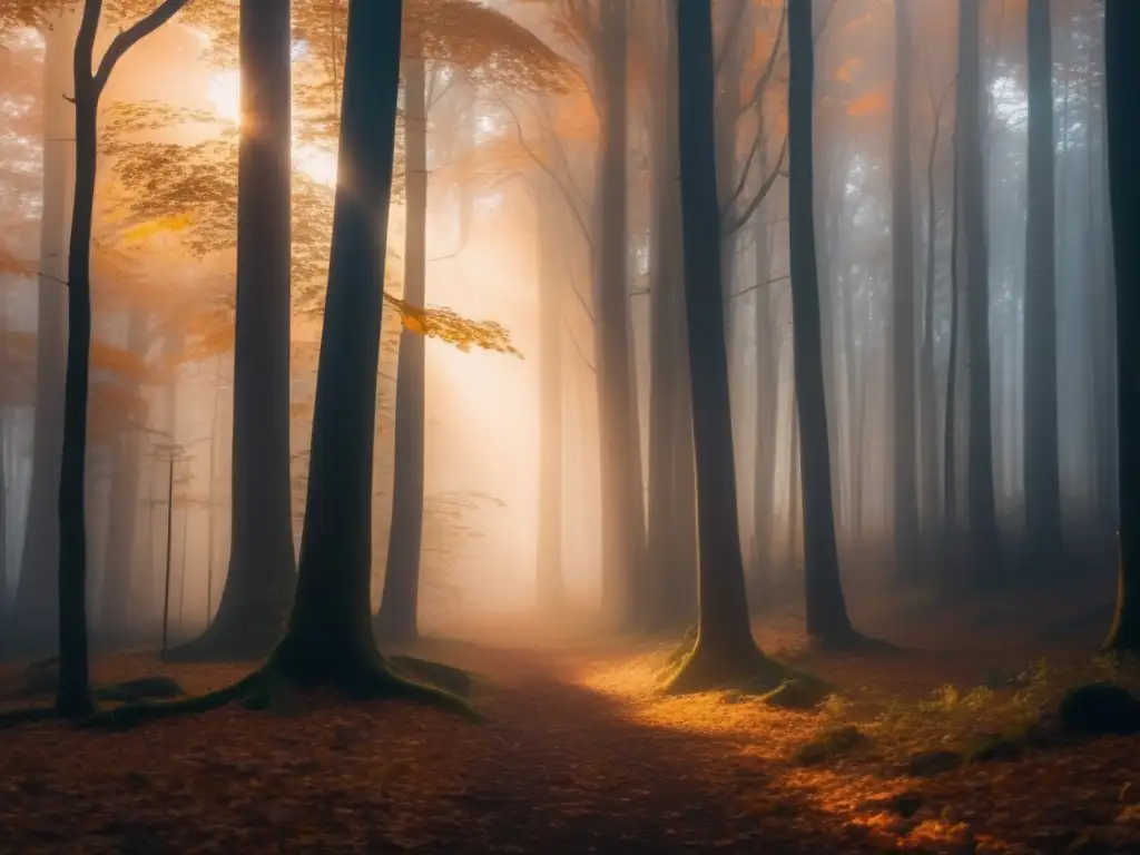 Un bosque denso al atardecer, envuelto en niebla