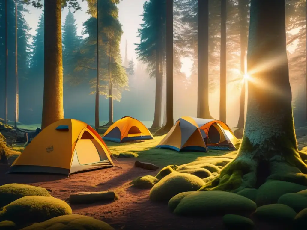 Prácticas ancestrales de acampada en un bosque tranquilo al atardecer