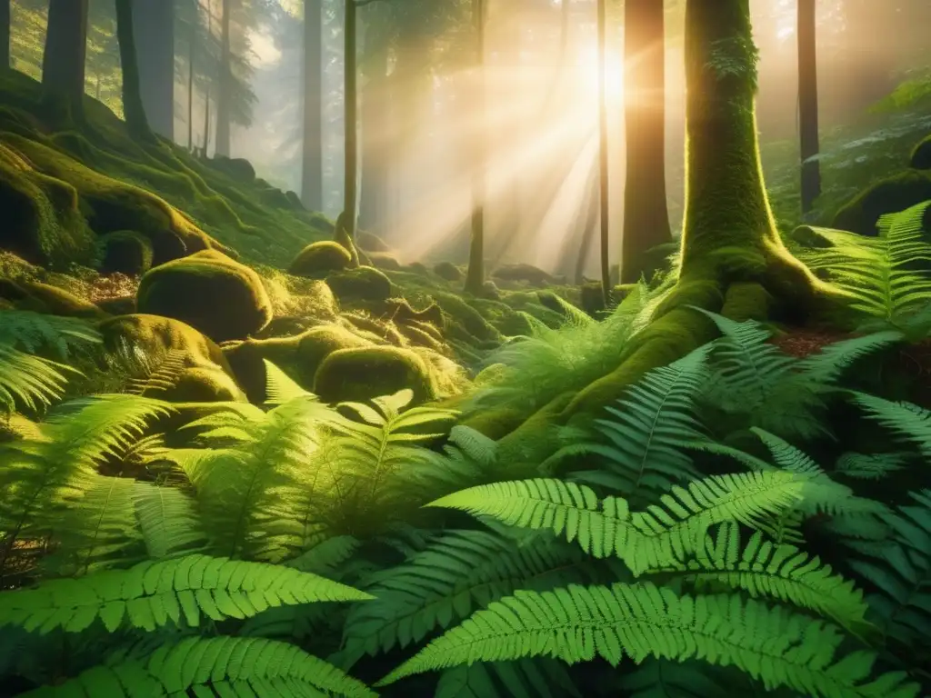 Escena cautivadora de un bosque exuberante al atardecer, con senderismo y sabiduría indígena