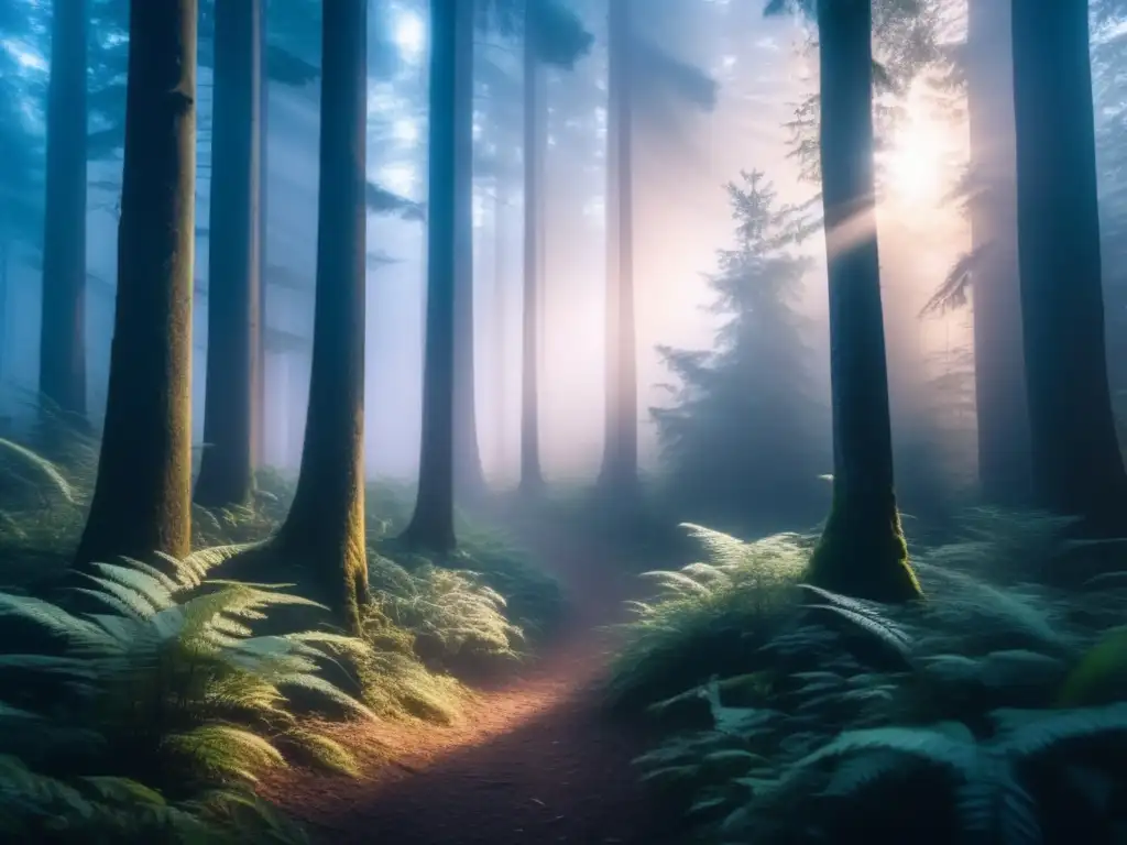 Impresionante imagen en 8k de un denso bosque al anochecer, envuelto en niebla