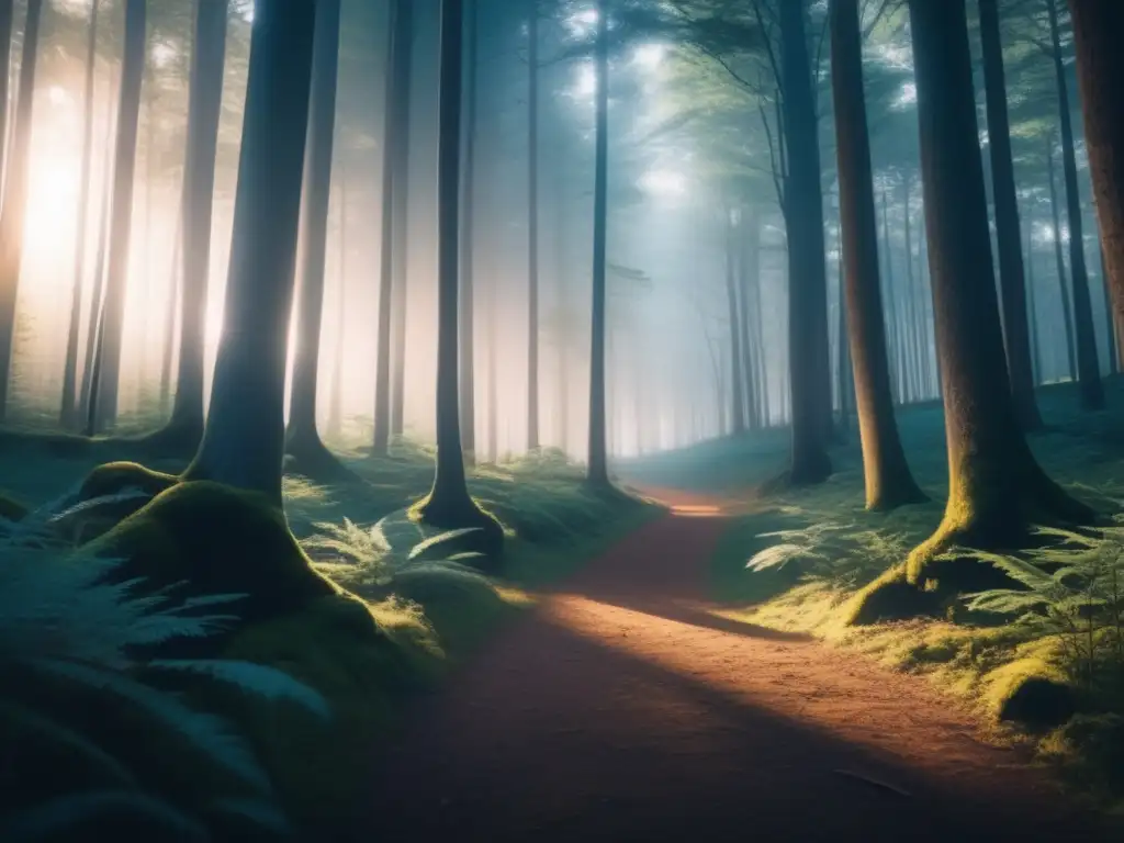 Senderismo en un bosque denso al atardecer con 8k de detalle