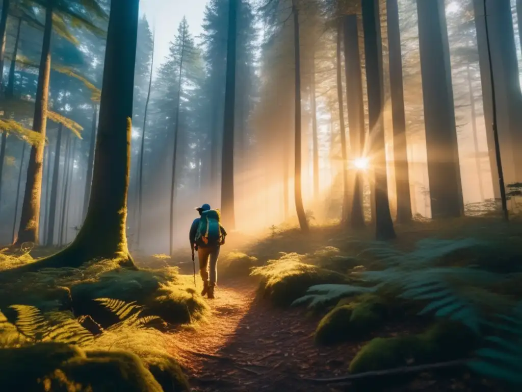 Hiker en misterioso bosque al atardecer con brújula: Cómo usar la brújula en camping