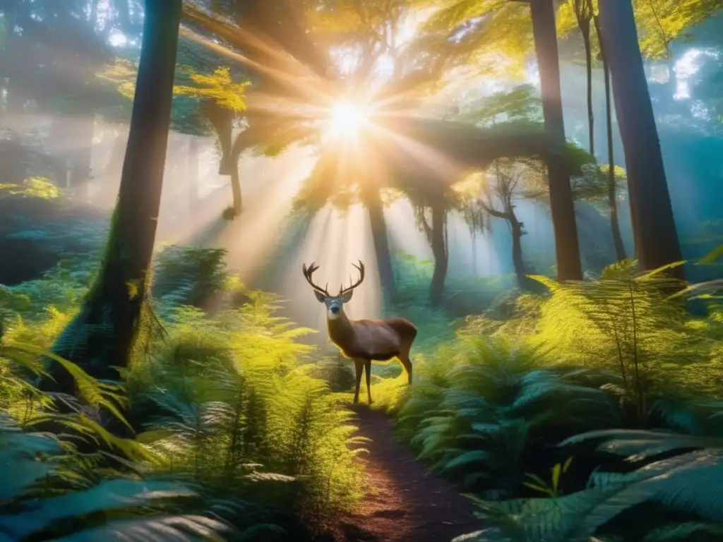 Equilibrio delicado entre campismo y fauna en un bosque exuberante al atardecer con rayos dorados de sol filtrándose a través del dosel