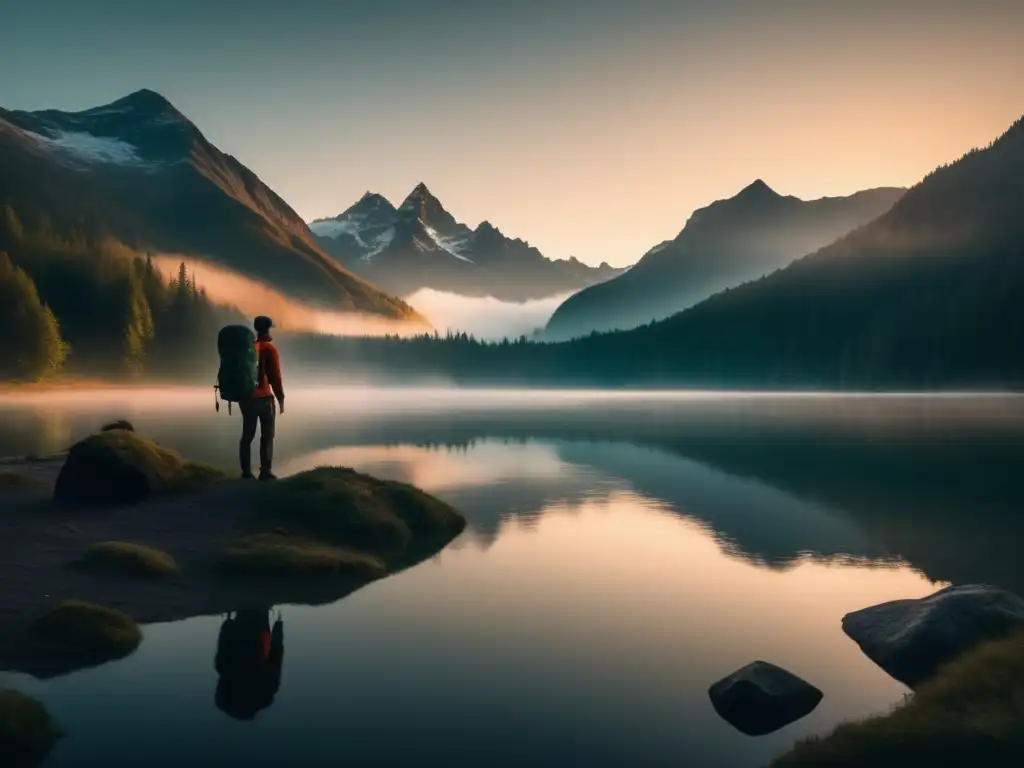 Paisaje cautivador al atardecer con bosque, montañas, lago y senderista