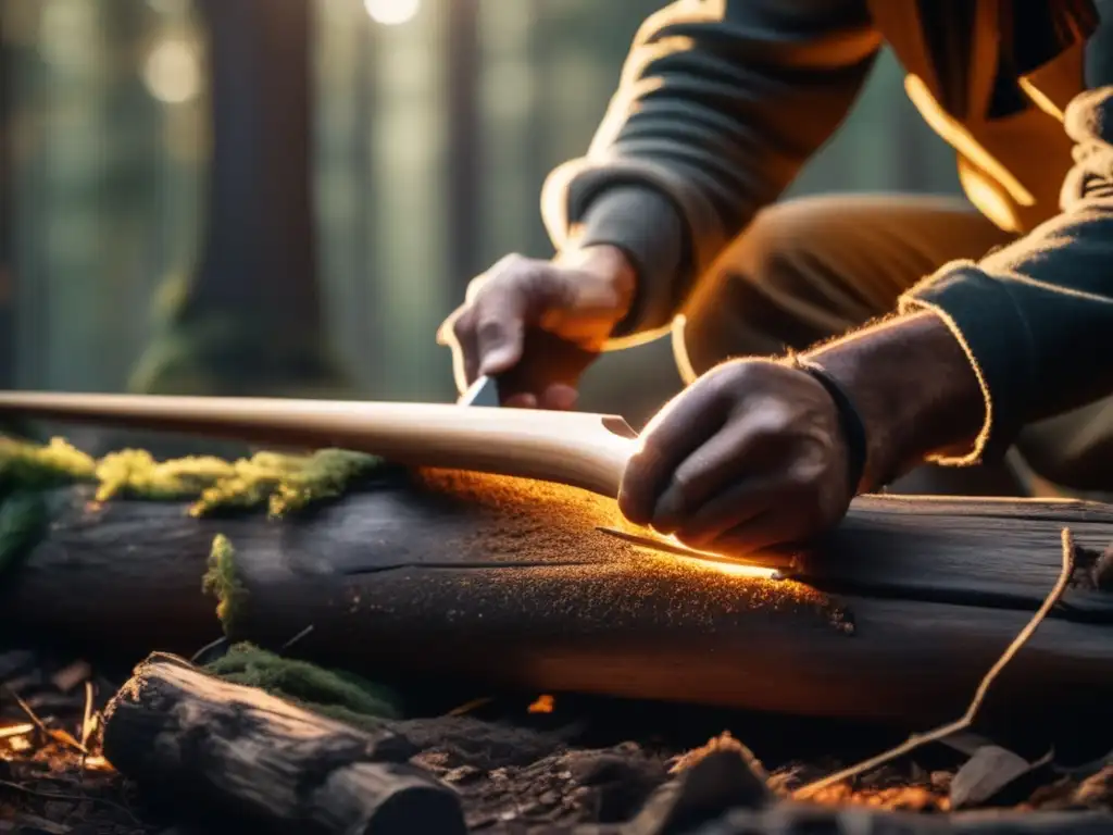 Herramientas naturales para supervivencia en bosque al atardecer, manos habilidosas tallando arco de madera