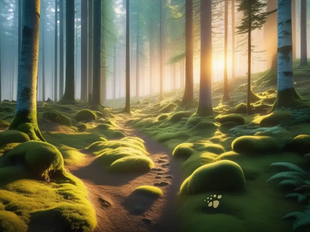 Bosque denso al atardecer con luz dorada filtrándose entre árboles altos