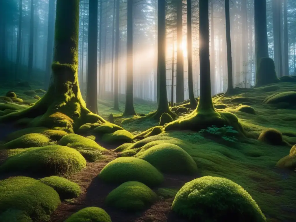 Plantas medicinales para acampar en un misterioso bosque al atardecer con detalles cautivadores