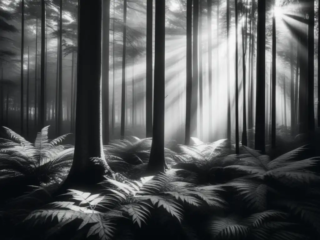 Fotografía en blanco y negro de naturaleza: bosque denso con detalles intrincados, juego de luz y sombras, contraste dramático