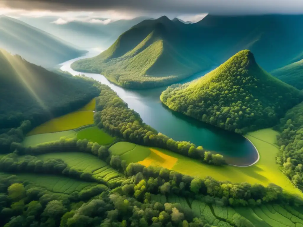 Vista aérea de un bosque verde exuberante con un río serpenteante