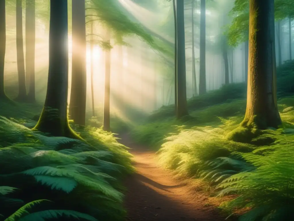 Fotografía de paisaje boscoso al amanecer, con árboles altos, luz dorada y misterio