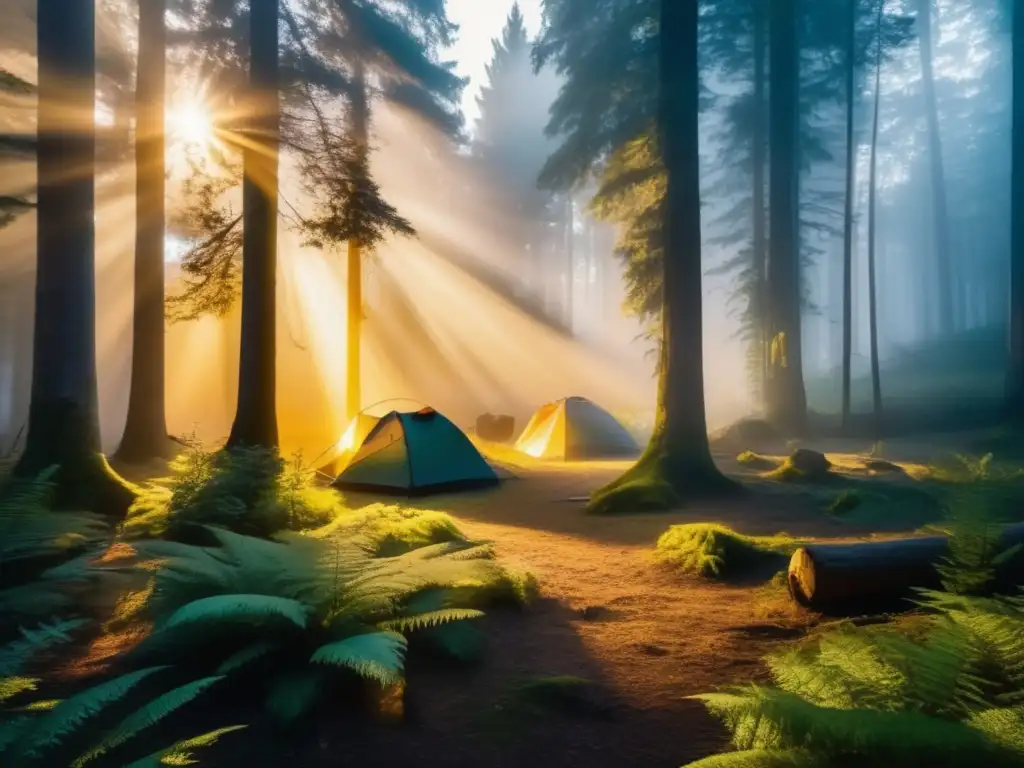 Acampada ancestral: honrar ancestros en bosque amaneciendo